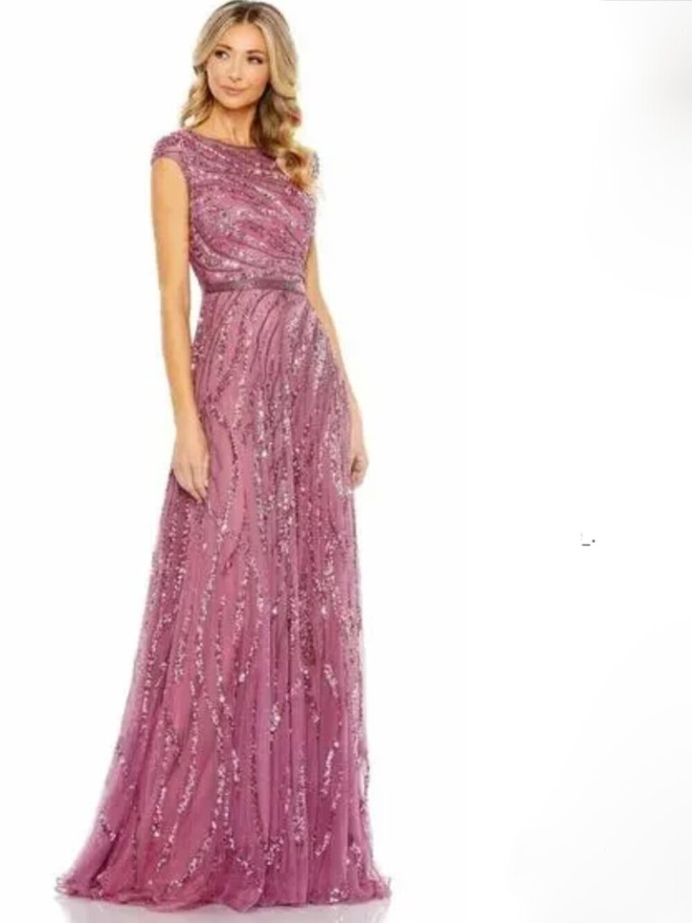 Mac Duggal 5445 Dress Beaded Sequin Cap Sleeve A-Line Evening Gown NWT 4